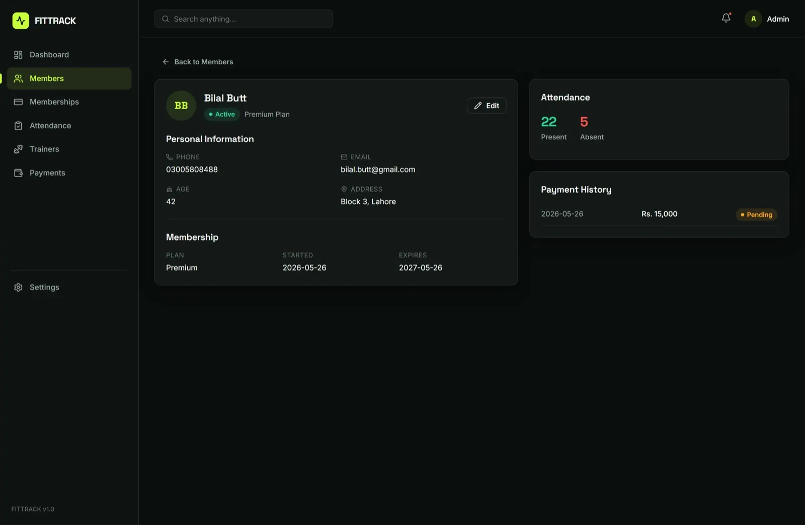 Member details — the 360° view with payment history.