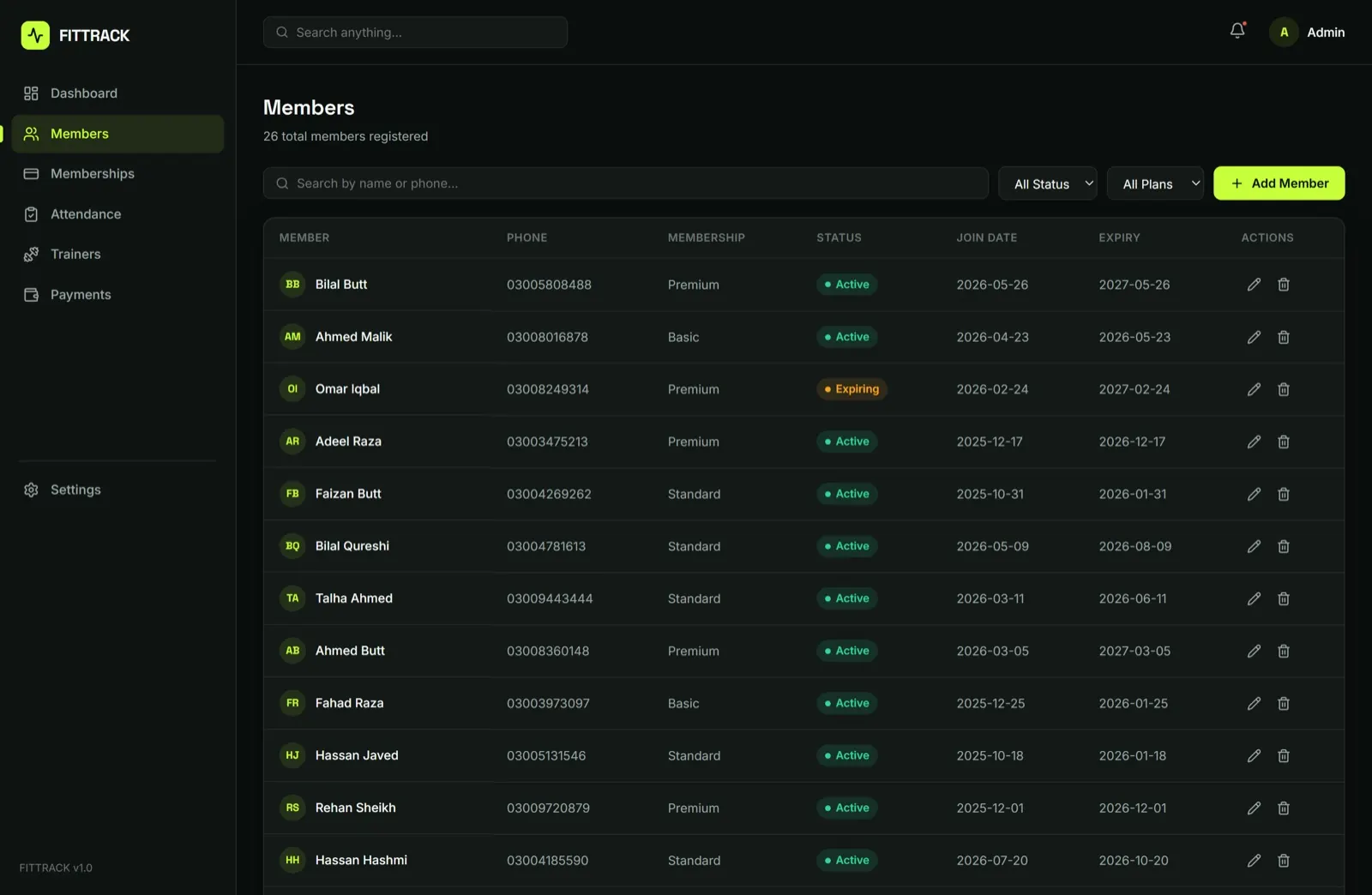 Members — compound search, status and plan filters.