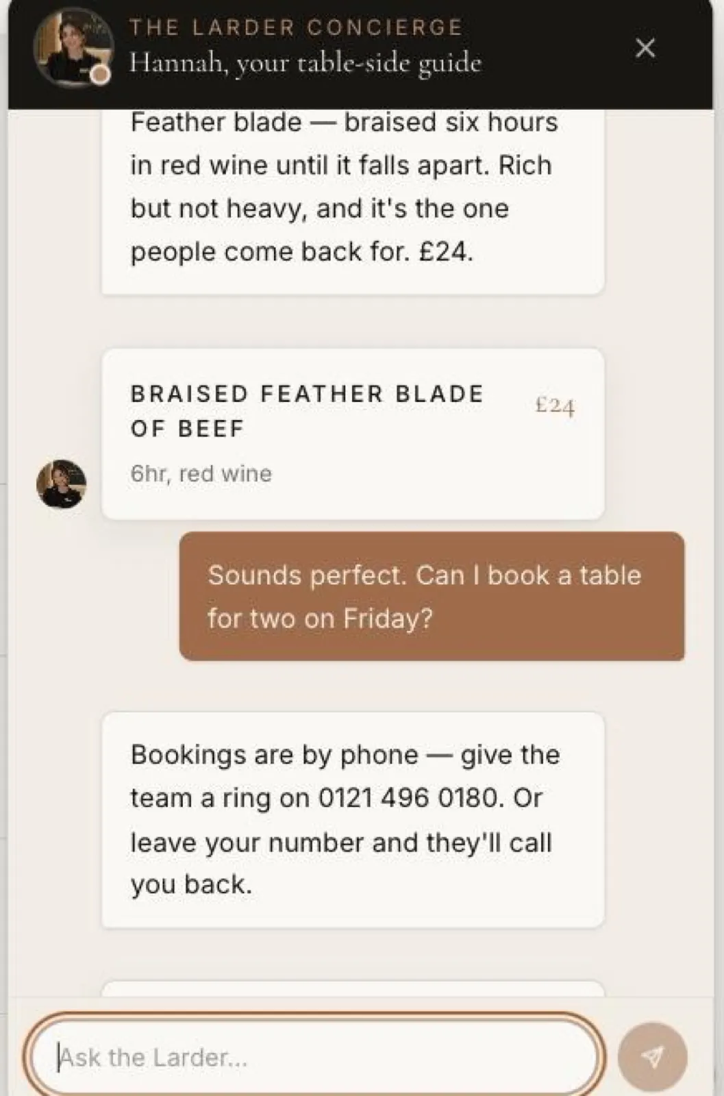 Hannah streaming a reply with rich dish cards.