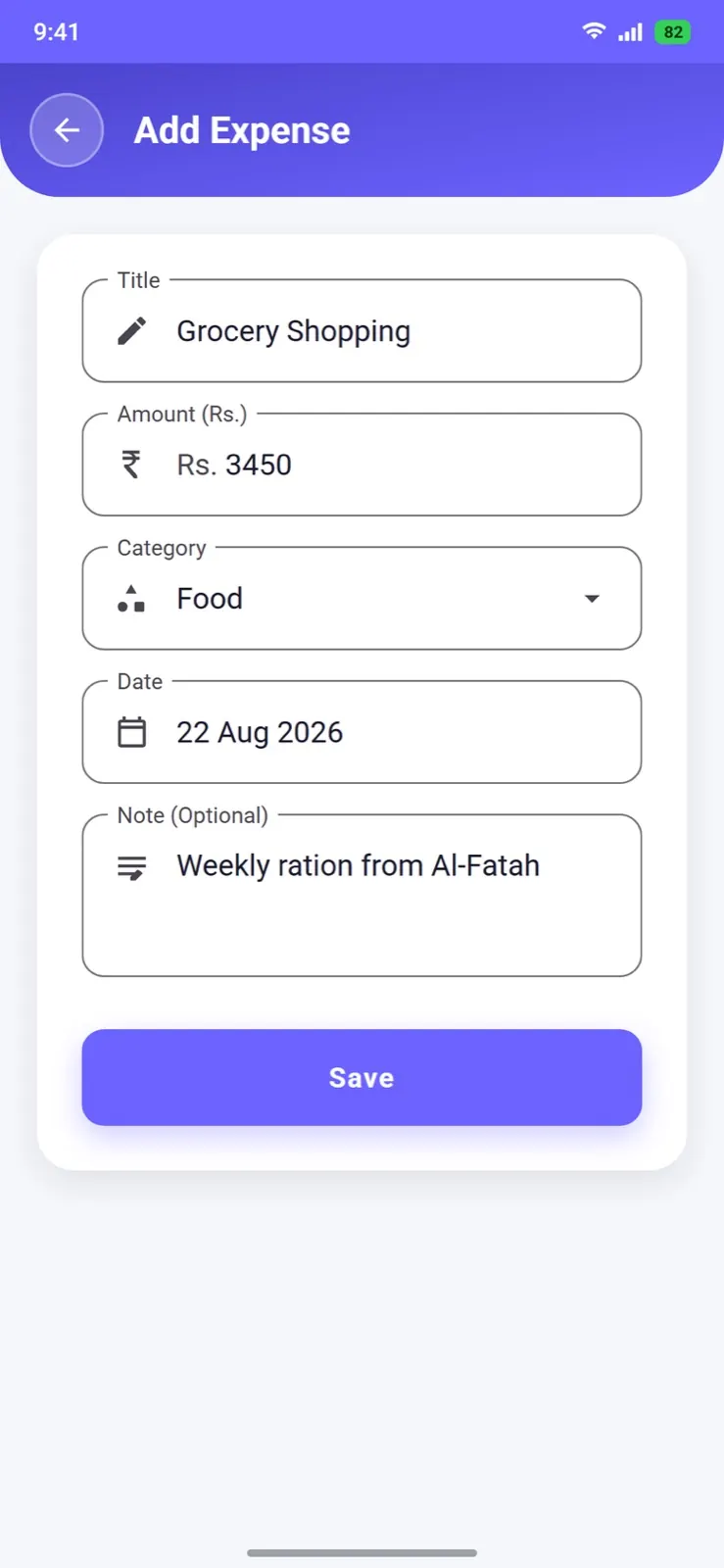 Add expense — rupee-prefixed amount and native date picker.