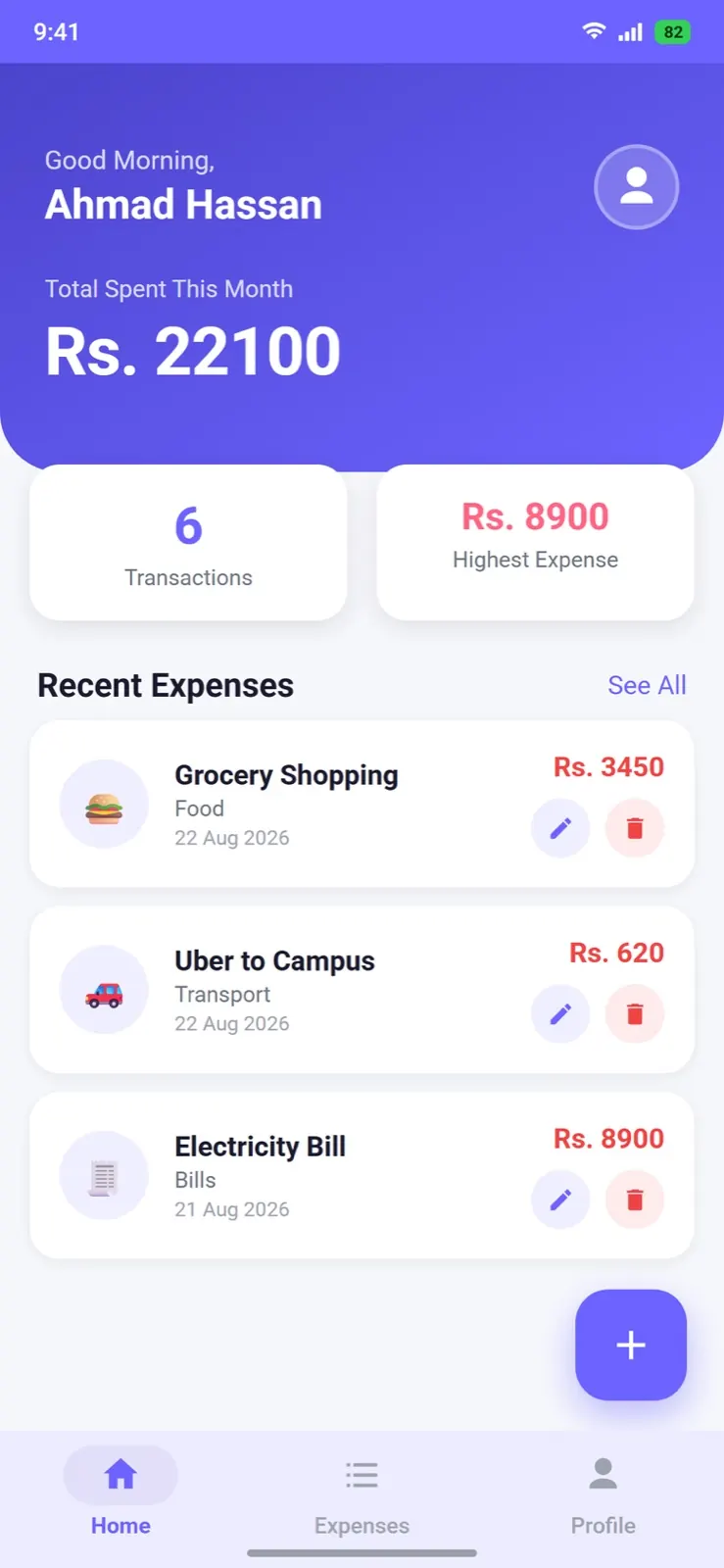 Dashboard — time-aware greeting, live totals, recent rows.