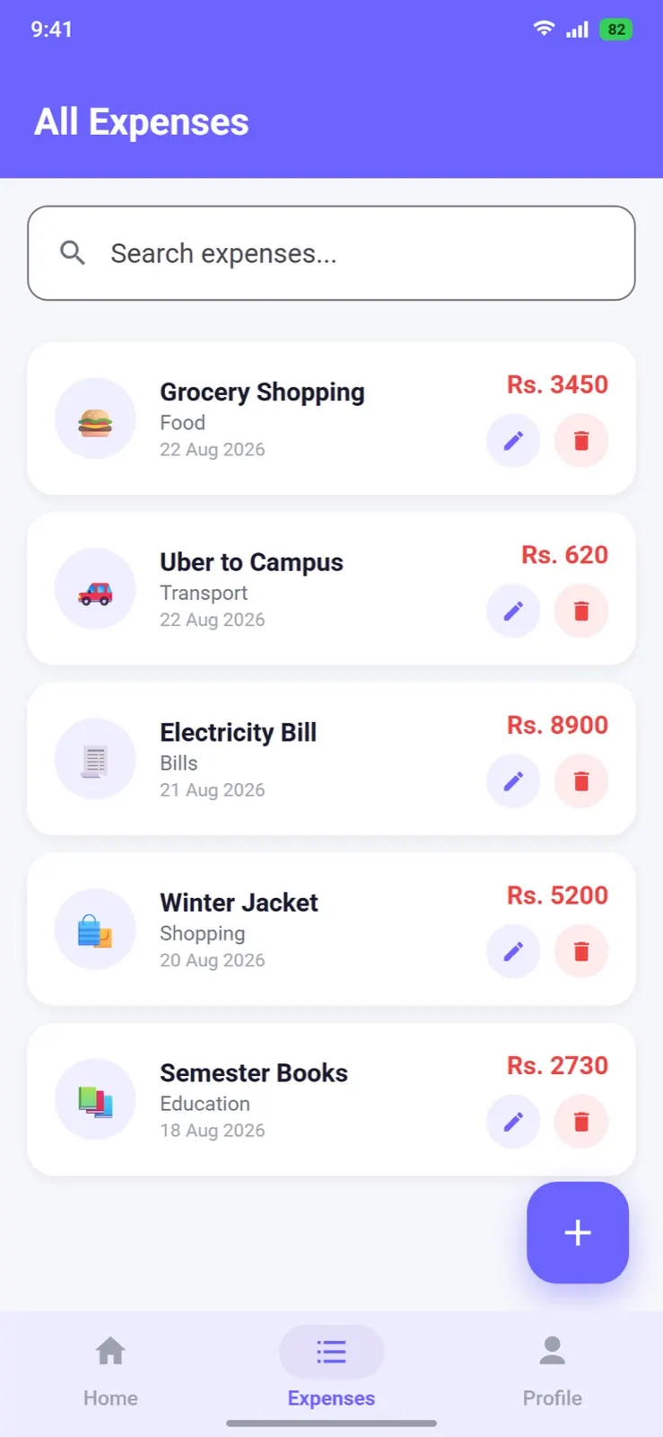 All expenses — instant search across title and category.