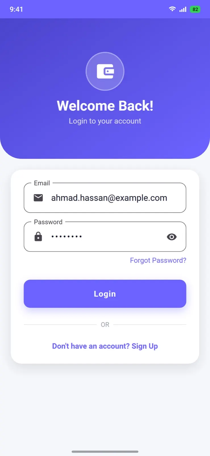 Login — Material 3 fields with inline validation.